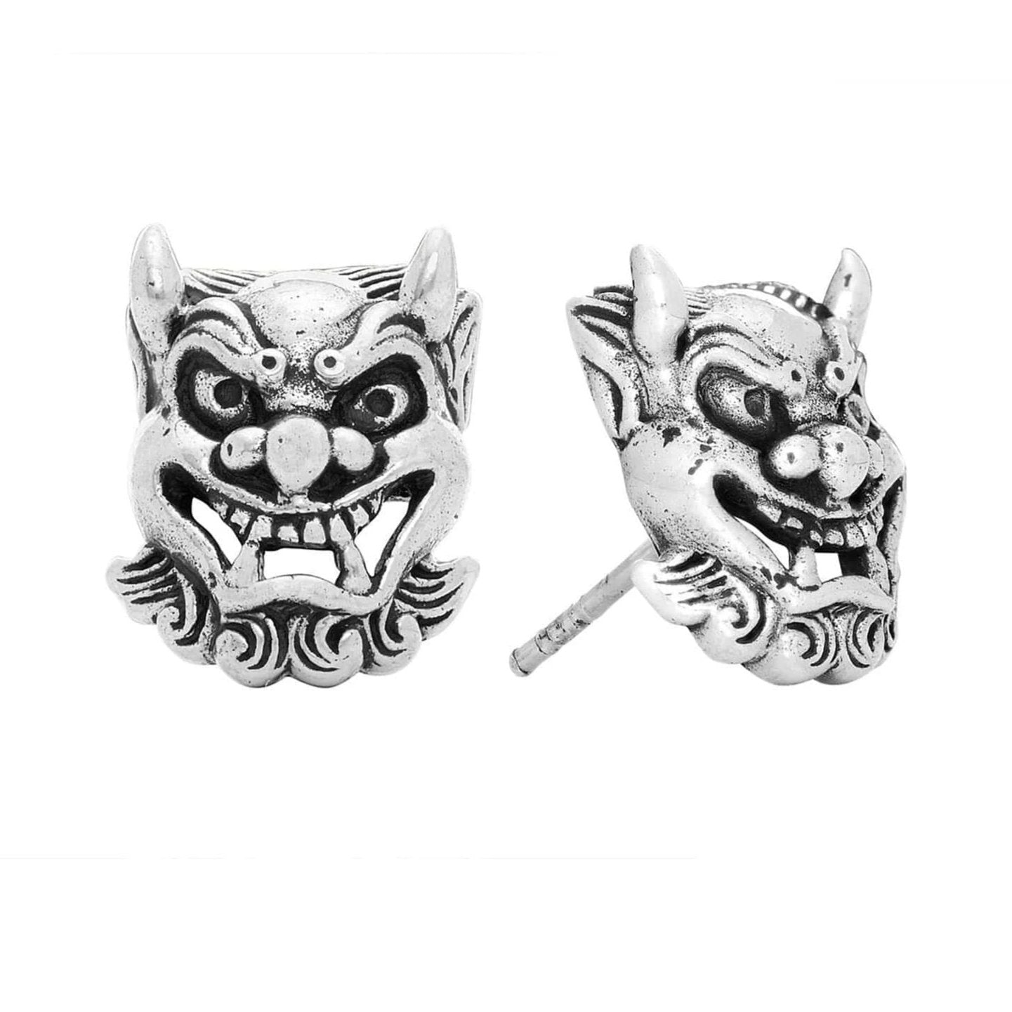 Japanese Oni Mask Stud Earring - Silver Phantom Jewelry