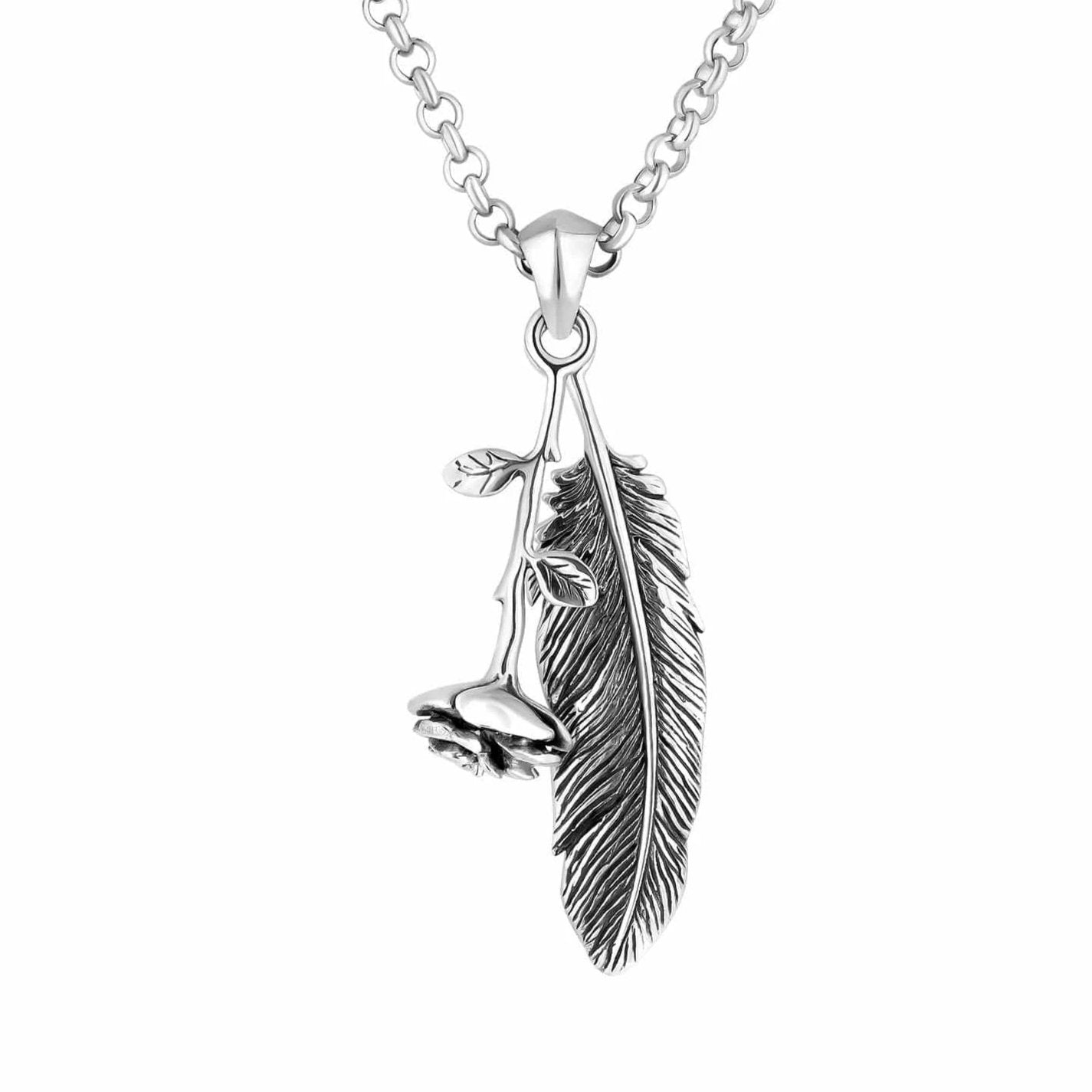 Rose and Feather Necklace - Silver Phantom Jewelry